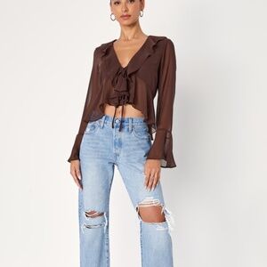 Thriving Flirt Brown Chiffon Ruffled Long Sleeve Tie-Front Top